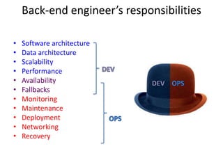 • Software architecture
• Data architecture
• Scalability
• Performance
• Availability
• Fallbacks
• Monitoring
• Maintenance
• Deployment
• Networking
• Recovery
Back-end engineer’s responsibilities
 