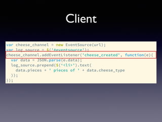 Client
var cheese_channel = new EventSource(url);
var log_source = $('#eventsource');
cheese_channel.addEventListener('cheese_created', function(e){
var data = JSON.parse(e.data);
log_source.prepend($(‘<li>').text(
data.pieces + ' pieces of ' + data.cheese_type
));
});
 