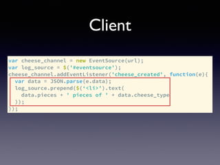 Client
var cheese_channel = new EventSource(url);
var log_source = $('#eventsource');
cheese_channel.addEventListener('cheese_created', function(e){
var data = JSON.parse(e.data);
log_source.prepend($(‘<li>').text(
data.pieces + ' pieces of ' + data.cheese_type
));
});
 