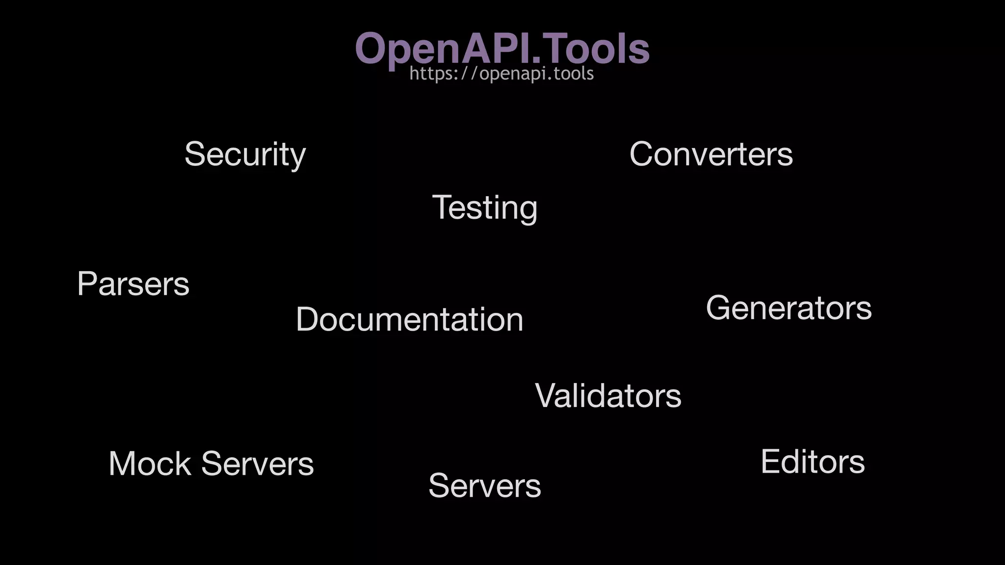 OpenAPI.Toolshttps://openapi.tools
Security Converters
Documentation
EditorsMock Servers
Servers
Generators
Parsers
Validators
Testing
 