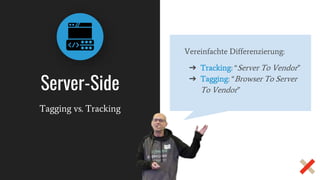 Server-Side
Tagging vs. Tracking
Vereinfachte Differenzierung:
➔ Tracking: “Server To Vendor”
➔ Tagging: “Browser To Server
To Vendor”
 
