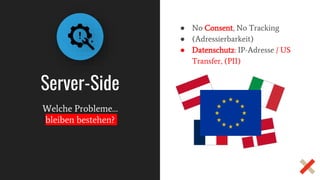Server-Side
● No Consent, No Tracking
● (Adressierbarkeit)
● Datenschutz: IP-Adresse / US
Transfer, (PII)
Welche Probleme…
bleiben bestehen?
 