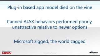 Consulting/Training
Plug-in based app model died on the vine
Canned AJAX behaviors performed poorly,
unattractive relative to newer options
Microsoft zigged, the world zagged
 