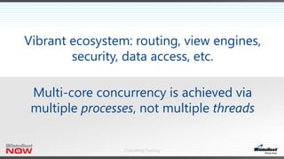 Consulting/Training
Vibrant ecosystem: routing, view engines,
security, data access, etc.
Multi-core concurrency is achieved via
multiple processes, not multiple threads
 
