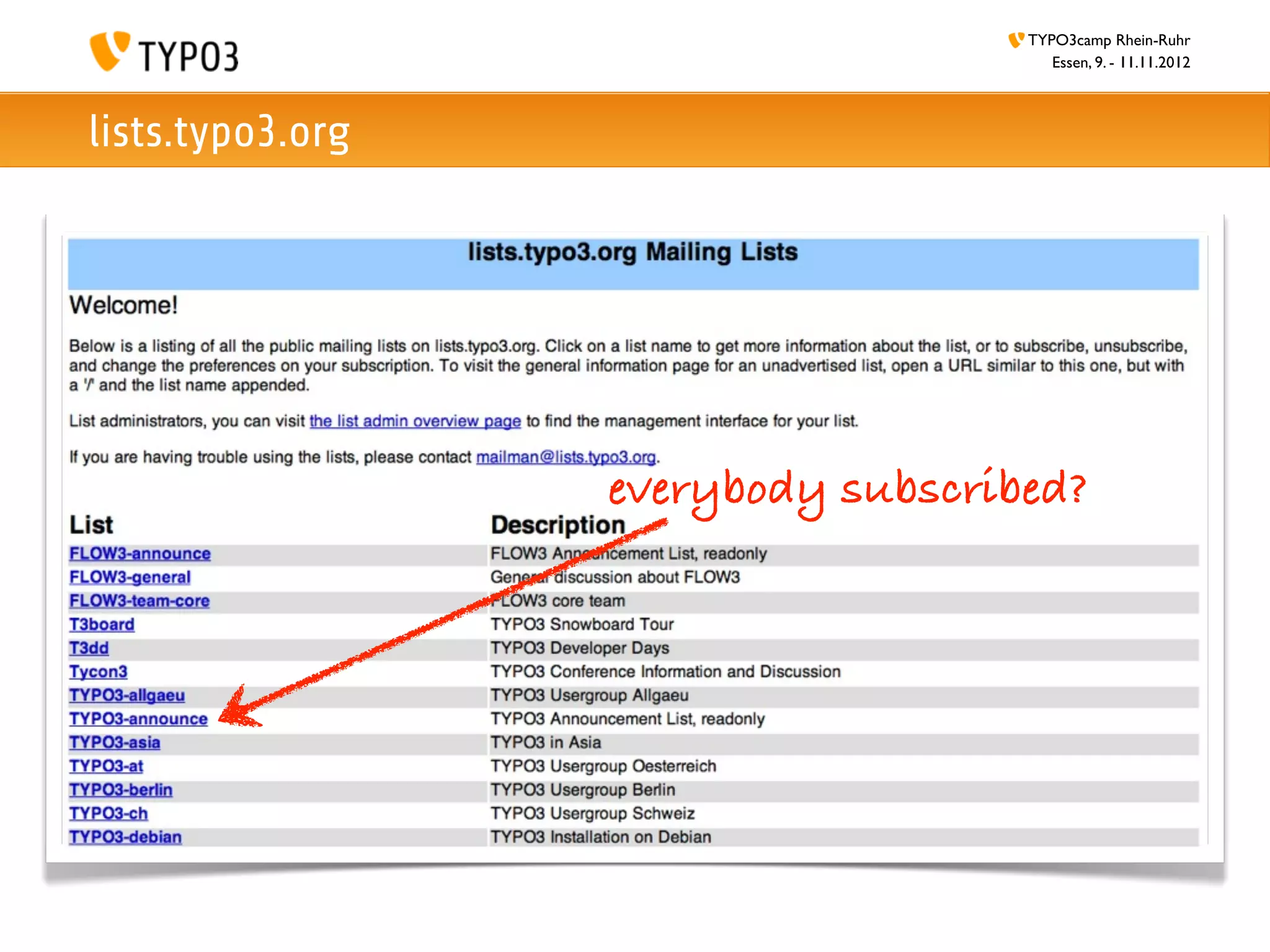 TYPO3camp Rhein-Ruhr
                                       Essen, 9. - 11.11.2012



lists.typo3.org




                  everybody subscribed?
 