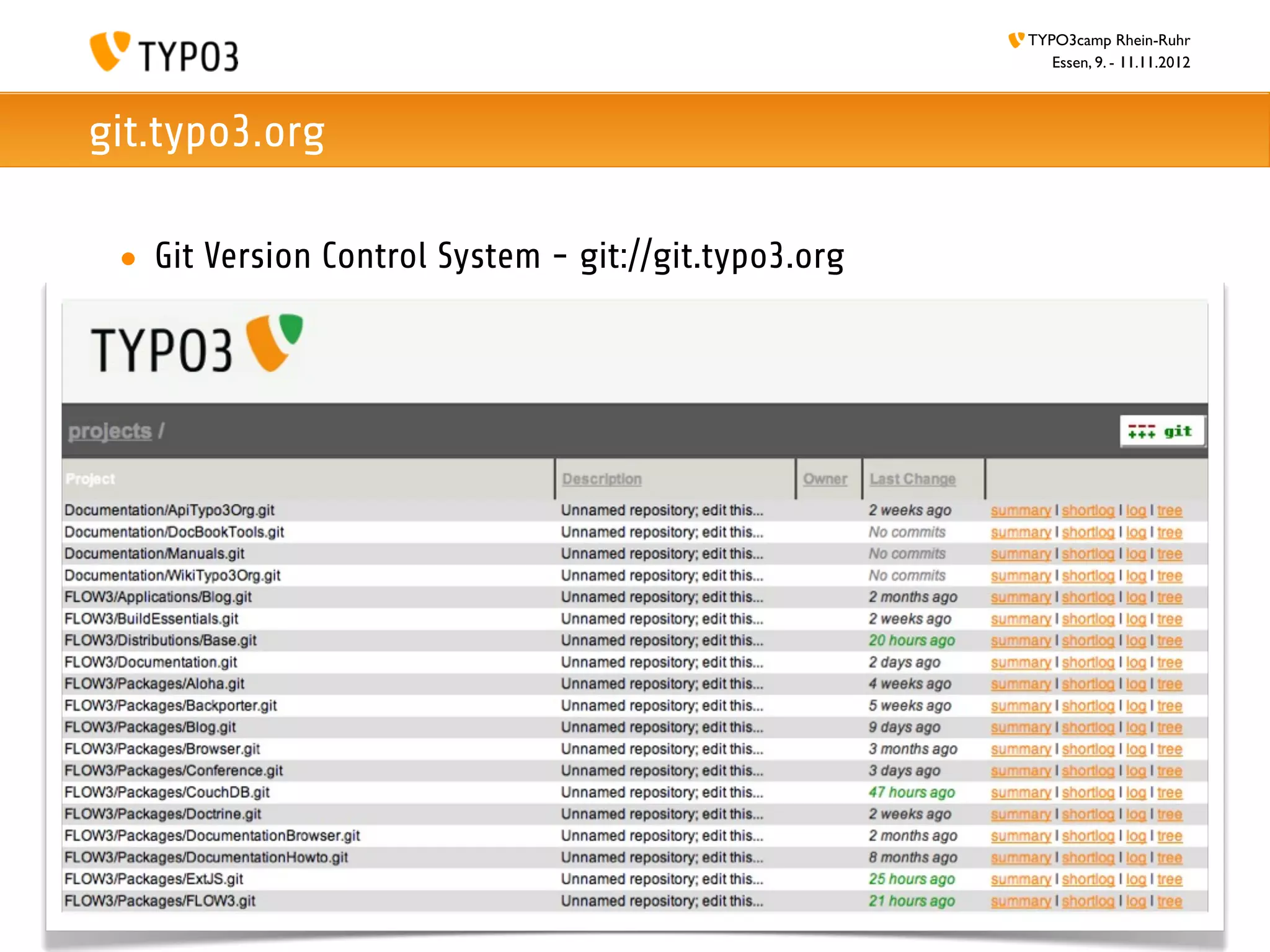 TYPO3camp Rhein-Ruhr
                                                         Essen, 9. - 11.11.2012



git.typo3.org

 • Git Version Control System - git://git.typo3.org
 