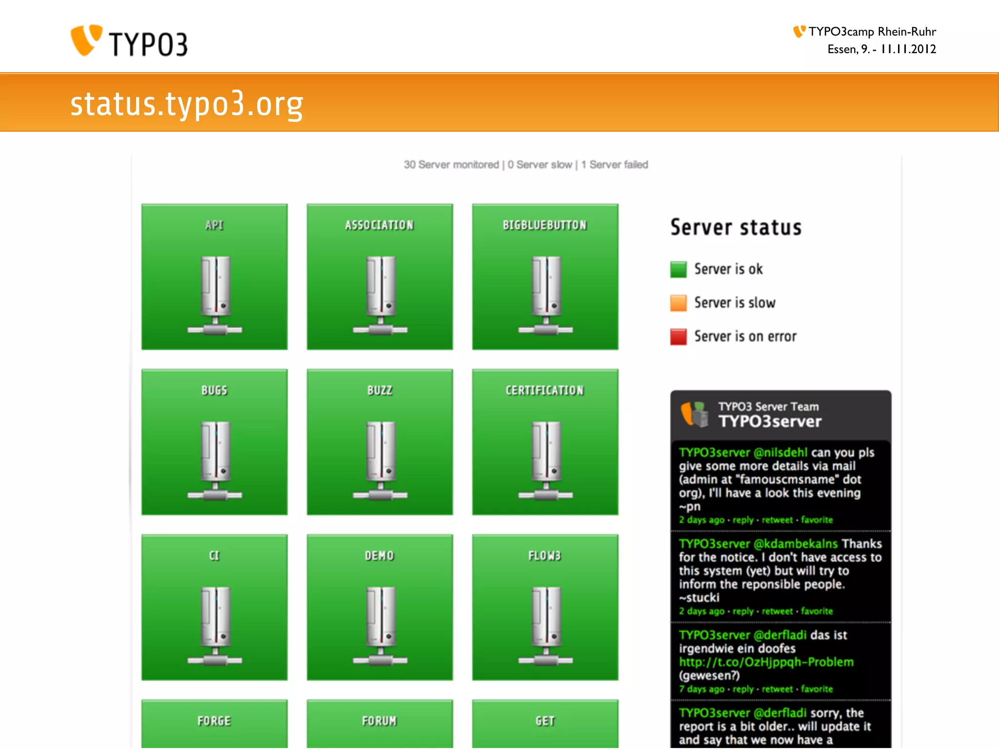 TYPO3camp Rhein-Ruhr
                      Essen, 9. - 11.11.2012



status.typo3.org
 