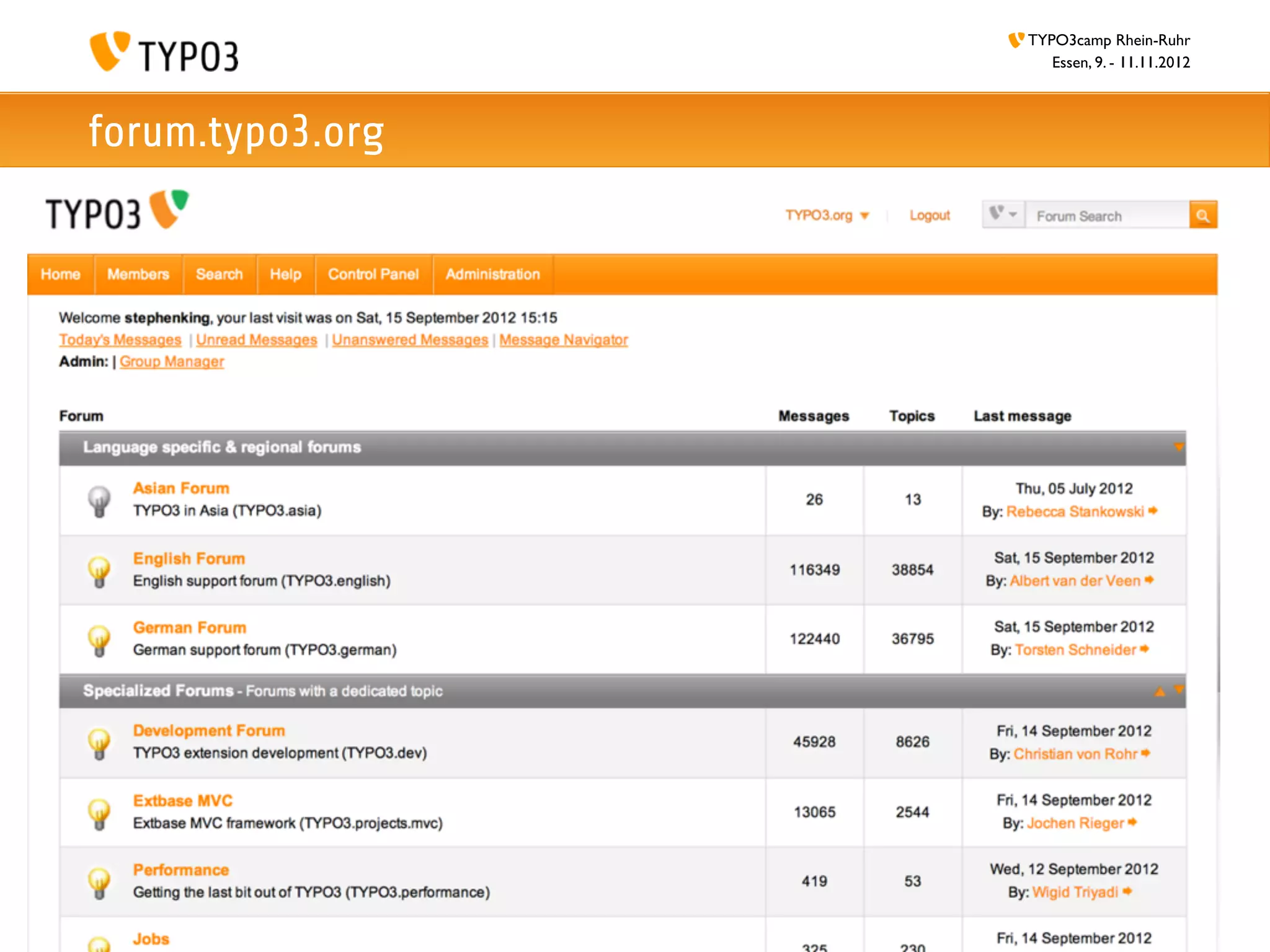 TYPO3camp Rhein-Ruhr
                     Essen, 9. - 11.11.2012



forum.typo3.org
 