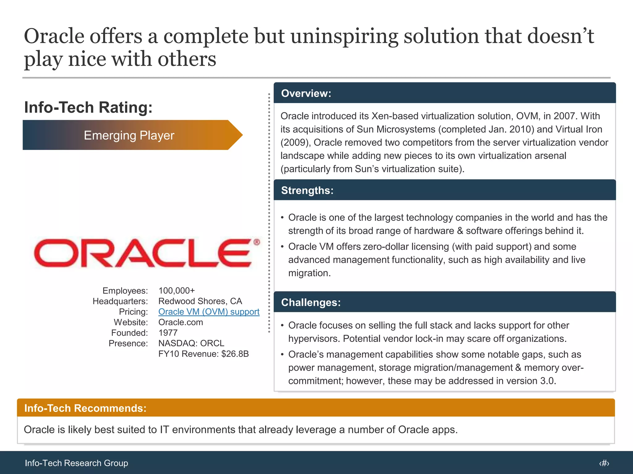 Using Advanced XenServer licenses, they now plan to move their virtualization strategy from optimization to high availability & DR by utilizing the licenses they acquired by trading up XenApp licenses to XenDesktop.Add reduced downtime to the business case;server virtualization brings higher availabilityHigh availability & storage management features mitigate costs of downtimeHigh Availability (HA):HA is available through VMware, Citrix, and Microsoft (with Cluster Shared Storage), and partially through Red Hat – Red Hat’s Enterprise Virtualization Manager servers are a single point of failure. Using host clustering, if a host server fails, VMs are restarted on another host automatically according to priority and workload.In most cases, this eliminates a single point of failure because, if a management server fails another server takes over.Storage Migration:VMware (Storage vMotion) is the only vendor that currently offers live migration of VM storage volumes from one storage host to another with zero downtime.Microsoft’s Quick Storage Migration in System Center Virtual Machine Manager (SCVMM) 2008 R2 enables storage migration with the caveat of several minutes of down time.Storage migration enables the storage used by VMs to be moved from one physical host to another with minimal or no downtime, making storage upgrades & optimization much easier. The time to migrate is the same as with conventional means, but reduces (or eliminates) down time during migration.Info-Tech InsightMany small to mid-sized organizations deploy server virtualization to realize the DR benefits even if the  consolidation benefits do not make a compelling business case. Most organizations that deploy server virtualization see better availability, and the elimination of downtime makes the case instead.