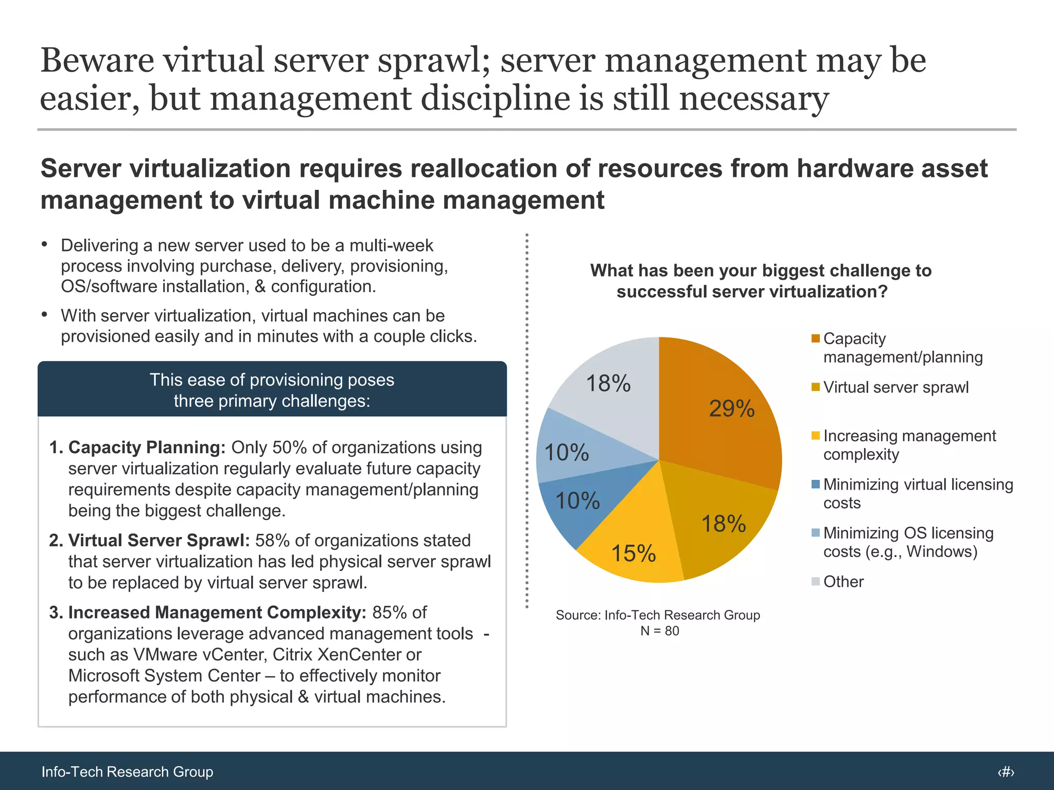 VMware leads in internal cloud developments, but Citrix also has an internal/external cloud strategyAutomation, performance monitoring, and metering allow organizations to deliver control and visibility to end users, but internal cloud is not a fit for allSelf Service Functionality:With vCloud Director, VMware continues to innovate around internal /external cloud.With VMware Lab Manger, self service is provided for end users to develop & test (stage) applications – as well as to promote them to a production environment - in a 100% virtual environment.Administrators can control user quotas, roles and rights.Process automation: VMware (vCenter Orchestrator), Citrix (Workflow Studio), and Microsoft (System Center Operations Manager) all offer capabilities to automate infrastructure processes.Routine tasks such as server and application provisioning, DR automation in addition to more complex workflows and operations are typically candidates for automation.Metering & Chargeback/Showback: Ultimately enables IT to account, monitor, and report costs associated with the virtual infrastructure.This makes users/groups accountable for infrastructure utilization through fixed allocation- and utilization-based costing, with automated billing, reports and e-mail.