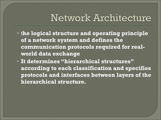 t he logical structure and operating principle of a network system and defines the communication protocols required for real-world data exchange It determines “hierarchical structures” according to each classification and specifies protocols and interfaces between layers of the hierarchical structure.  