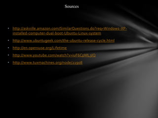 Sources



• http://askville.amazon.com/SimilarQuestions.do?req=Windows-XP-
  installed-computer-dual-boot-Ubuntu-Linux-system
• http://www.ubuntugeek.com/the-ubuntu-release-cycle.html
• http://en.opensuse.org/Lifetime
• http://www.youtube.com/watch?v=iuF6CpML3IQ
• http://www.tuxmachines.org/node/21908
 