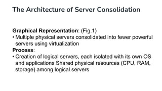 The Architecture of Server Consolidation
Graphical Representation: (Fig.1)
• Multiple physical servers consolidated into fewer powerful
servers using virtualization
Process:
• Creation of logical servers, each isolated with its own OS
and applications Shared physical resources (CPU, RAM,
storage) among logical servers
 