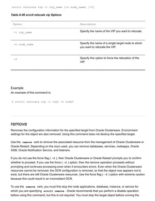 srvctl relocate vip ­i vip_name [­n node_name] [­f]
Table A­90 srvctl relocate vip Options
Option Description
­i vip_name Specify the name of the VIP you want to relocate.
­n node_name Specify the name of a single target node to which
you want to relocate the VIP.
­f Specify this option to force the relocation of the
VIP.
Example
An example of this command is:
$ srvctl relocate vip ­i vip1 ­n node3
remove
Removes the configuration information for the specified target from Oracle Clusterware. Environment
settings for the object are also removed. Using this command does not destroy the specified target.
Use the  remove  verb to remove the associated resource from the management of Oracle Clusterware or
Oracle Restart. Depending on the noun used, you can remove databases, services, nodeapps, Oracle
ASM, Oracle Notification Service, and listeners.
If you do not use the force flag ( ­f ), then Oracle Clusterware or Oracle Restart prompts you to confirm
whether to proceed. If you use the force ( ­f ) option, then the remove operation proceeds without
prompting and continues processing even when it encounters errors. Even when the Oracle Clusterware
resources cannot be removed, the OCR configuration is removed, so that the object now appears not to
exist, but there are still Oracle Clusterware resources. Use the force flag ( ­f ) option with extreme caution
because this could result in an inconsistent OCR.
To use the  remove  verb, you must first stop the node applications, database, instance, or service for
which you are specifying  srvctl remove . Oracle recommends that you perform a disable operation
before using this command, but this is not required. You must stop the target object before running the
 