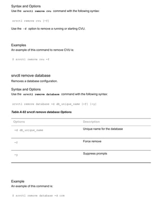 Syntax and Options
Use the  srvctl remove cvu  command with the following syntax:
srvctl remove cvu [­f]
Use the  ­f  option to remove a running or starting CVU.
Examples
An example of this command to remove CVU is:
$ srvctl remove cvu ­f
srvctl remove database
Removes a database configuration.
Syntax and Options
Use the  srvctl remove database  command with the following syntax:
srvctl remove database ­d db_unique_name [­f] [­y]
Table A­92 srvctl remove database Options
Options Description
­d db_unique_name Unique name for the database
­f Force remove
­y Suppress prompts
Example
An example of this command is:
$ srvctl remove database ­d crm
 