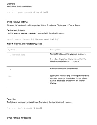 Example
An example of this command is:
$ srvctl remove instance ­d crm ­i crm01
srvctl remove listener
Removes the configuration of the specified listener from Oracle Clusterware or Oracle Restart.
Syntax and Options
Use the  srvctl remove listener  command with the following syntax:
srvctl remove listener [­l listener_name] [­a] [­f]
Table A­96 srvctl remove listener Options
Options Description
­l listener_name Name of the listener that you want to remove.
If you do not specify a listener name, then the
listener name defaults to  LISTENER .
­a Removes all listener configurations.
­f Specify this option to skip checking whether there
are other resources that depend on this listener,
such as databases, and remove the listener
anyway.
Examples
The following command removes the configuration of the listener named  lsnr01 :
$ srvctl remove listener ­l lsnr01
srvctl remove nodeapps
 