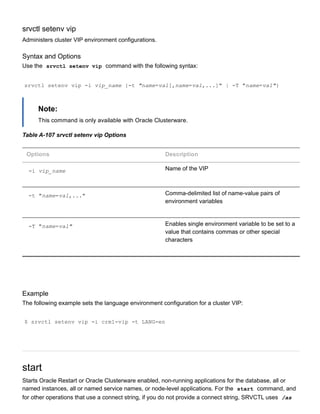 srvctl setenv vip
Administers cluster VIP environment configurations.
Syntax and Options
Use the  srvctl setenv vip  command with the following syntax:
srvctl setenv vip ­i vip_name {­t "name=val[,name=val,...]" | ­T "name=val"}
Note:
This command is only available with Oracle Clusterware.
Table A­107 srvctl setenv vip Options
Options Description
­i vip_name Name of the VIP
­t "name=val,..." Comma­delimited list of name­value pairs of
environment variables
­T "name=val" Enables single environment variable to be set to a
value that contains commas or other special
characters
Example
The following example sets the language environment configuration for a cluster VIP:
$ srvctl setenv vip ­i crm1­vip ­t LANG=en
start
Starts Oracle Restart or Oracle Clusterware enabled, non­running applications for the database, all or
named instances, all or named service names, or node­level applications. For the  start  command, and
for other operations that use a connect string, if you do not provide a connect string, SRVCTL uses  /as
 