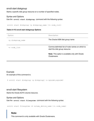 srvctl start diskgroup
Starts a specific disk group resource on a number of specified nodes.
Syntax and Options
Use the  srvctl start diskgroup  command with the following syntax:
srvctl start diskgroup ­g diskgroup_name [­n node_list]
Table A­112 srvctl start diskgroup Options
Option Description
­g diskgroup_name The Oracle ASM disk group name
­n node_list Comma­delimited list of node names on which to
start the disk group resource
Note: This option is available only with Oracle
Clusterware.
Example
An example of this command is:
$ srvctl start diskgroup ­g diskgroup1 ­n mynode1,mynode2
srvctl start filesystem
Starts the Oracle ACFS volume resource.
Syntax and Options
Use the  srvctl start filesystem  command with the following syntax:
srvctl start filesystem ­d volume_device_name [­n node_name]
Note:
This command is only available with Oracle Clusterware.
 