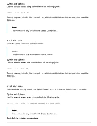 Syntax and Options
Use the  srvctl start oc4j  command with the following syntax:
srvctl start ocj4 [­v]
There is only one option for this command,  ­v , which is used to indicate that verbose output should be
displayed.
Note:
This command is only available with Oracle Clusterware.
srvctl start ons
Starts the Oracle Notification Service daemon.
Note:
This command is only available with Oracle Restart.
Syntax and Options
Use the  srvctl start ons  command with the following syntax:
srvctl start ons [­v]
There is only one option for this command,  ­v , which is used to indicate that verbose output should be
displayed.
srvctl start scan
Starts all SCAN VIPs, by default, or a specific SCAN VIP, on all nodes or a specific node in the cluster.
Syntax and Options
Use the  srvctl start scan  command with the following syntax:
srvctl start scan [­i ordinal_number] [­n node_name]
Note:
This command is only available with Oracle Clusterware.
Table A­119 srvctl start scan Options
 