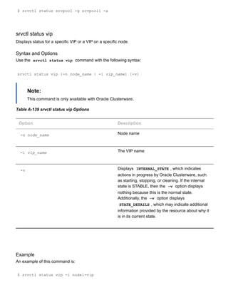 $ srvctl status srvpool ­g srvpool1 ­a
srvctl status vip
Displays status for a specific VIP or a VIP on a specific node.
Syntax and Options
Use the  srvctl status vip  command with the following syntax:
srvctl status vip {­n node_name | ­i vip_name} [­v]
Note:
This command is only available with Oracle Clusterware.
Table A­139 srvctl status vip Options
Option Description
­n node_name Node name
­i vip_name The VIP name
­v Displays  INTERNAL_STATE , which indicates
actions in progress by Oracle Clusterware, such
as starting, stopping, or cleaning. If the internal
state is STABLE, then the  ­v  option displays
nothing because this is the normal state.
Additionally, the  ­v  option displays
STATE_DETAILS , which may indicate additional
information provided by the resource about why it
is in its current state.
Example
An example of this command is:
$ srvctl status vip ­i node1­vip
 
