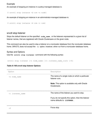 Example
An example of stopping an instance in a policy­managed database is:
$ srvctl stop instance ­d crm ­n node1
An example of stopping an instance in an administrator­managed database is:
$ srvctl stop instance ­d crm ­i crm1
srvctl stop listener
Stops the default listener on the specified  node_name , or the listeners represented in a given list of
listener names, that are registered with Oracle Clusterware on the given node.
This command can also be used to stop a listener on a noncluster database from the noncluster database
home. SRVCTL does not accept the  ­n  option, however, when run from a noncluster database home.
Syntax and Options
Use the  srvctl stop listener  command with the following syntax:
srvctl stop listener [­n node_name] [­l listener_name_list] [­f]
Table A­148 srvctl stop listener Options
Option Description
­n node_name The name of a single node on which a particular
listener runs.
Note: This option is available only with Oracle
Clusterware.
­l listener_name The name of the listener you want to stop.
If you do not specify this option, then the listener
name defaults to  LISTENER .
­f Force stop
 