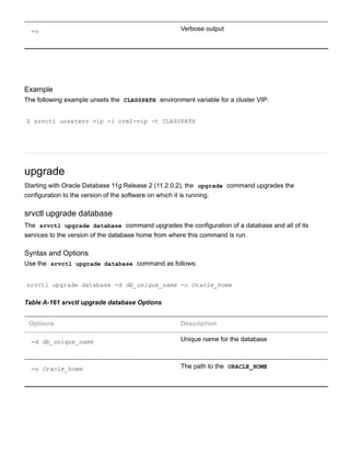­v Verbose output
Example
The following example unsets the  CLASSPATH  environment variable for a cluster VIP:
$ srvctl unsetenv vip ­i crm2­vip ­t CLASSPATH
upgrade
Starting with Oracle Database 11g Release 2 (11.2.0.2), the  upgrade  command upgrades the
configuration to the version of the software on which it is running.
srvctl upgrade database
The  srvctl upgrade database  command upgrades the configuration of a database and all of its
services to the version of the database home from where this command is run.
Syntax and Options
Use the  srvctl upgrade database  command as follows:
srvctl upgrade database ­d db_unique_name ­o Oracle_home
Table A­161 srvctl upgrade database Options
Options Description
­d db_unique_name Unique name for the database
­o Oracle_home The path to the  ORACLE_HOME
 