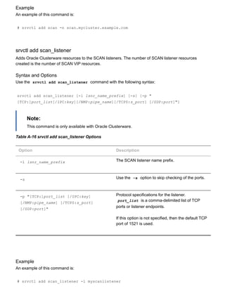 Example
An example of this command is:
# srvctl add scan ­n scan.mycluster.example.com
srvctl add scan_listener
Adds Oracle Clusterware resources to the SCAN listeners. The number of SCAN listener resources
created is the number of SCAN VIP resources.
Syntax and Options
Use the  srvctl add scan_listener  command with the following syntax:
srvctl add scan_listener [­l lsnr_name_prefix] [­s] [­p "
[TCP:]port_list[/IPC:key][/NMP:pipe_name][/TCPS:s_port] [/SDP:port]"]
Note:
This command is only available with Oracle Clusterware.
Table A­16 srvctl add scan_listener Options
Option Description
­l lsnr_name_prefix The SCAN listener name prefix.
­s Use the  ­s  option to skip checking of the ports.
­p "[TCP:]port_list [/IPC:key]
[/NMP:pipe_name] [/TCPS:s_port]
[/SDP:port]"
Protocol specifications for the listener.
port_list  is a comma­delimited list of TCP
ports or listener endpoints.
If this option is not specified, then the default TCP
port of 1521 is used.
Example
An example of this command is:
# srvctl add scan_listener ­l myscanlistener
 