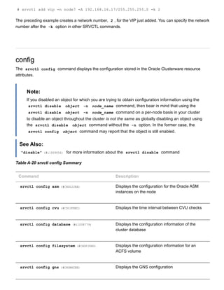 # srvctl add vip ­n node7 ­A 192.168.16.17/255.255.255.0 ­k 2
The preceding example creates a network number,  2 , for the VIP just added. You can specify the network
number after the  ­k  option in other SRVCTL commands.
config
The  srvctl config  command displays the configuration stored in the Oracle Clusterware resource
attributes.
Note:
If you disabled an object for which you are trying to obtain configuration information using the
srvctl disable   object   ­n   node_name  command, then bear in mind that using the
srvctl disable   object   ­n   node_name  command on a per­node basis in your cluster
to disable an object throughout the cluster is not the same as globally disabling an object using
the  srvctl disable   object  command without the  ­n  option. In the former case, the
srvctl config   object  command may report that the object is still enabled.
See Also:
"disable" (#i1009056)  for more information about the  srvctl disable  command
Table A­20 srvctl config Summary
Command Description
srvctl config asm (#CHDGJJEA) Displays the configuration for the Oracle ASM
instances on the node
srvctl config cvu (#CDCJFHBC) Displays the time interval between CVU checks
srvctl config database (#i1008779) Displays the configuration information of the
cluster database
srvctl config filesystem (#CHDFJGHG) Displays the configuration information for an
ACFS volume
srvctl config gns (#CHDBHCEE) Displays the GNS configuration
 