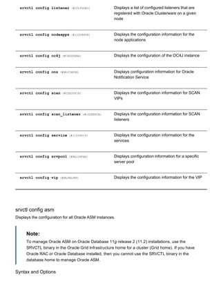 srvctl config listener (#CDCFGDBI) Displays a list of configured listeners that are
registered with Oracle Clusterware on a given
node
srvctl config nodeapps (#i1008858) Displays the configuration information for the
node applications
srvctl config oc4j (#CHDGFBAB) Displays the configuration of the OC4J instance
srvctl config ons (#BAJCAEGH) Displays configuration information for Oracle
Notification Service
srvctl config scan (#CDDCFHIB) Displays the configuration information for SCAN
VIPs
srvctl config scan_listener (#CDDEEHIB) Displays the configuration information for SCAN
listeners
srvctl config service (#i1008814) Displays the configuration information for the
services
srvctl config srvpool (#BAJJHFAE) Displays configuration information for a specific
server pool
srvctl config vip (#BAJBGJEE) Displays the configuration information for the VIP
srvctl config asm
Displays the configuration for all Oracle ASM instances.
Note:
To manage Oracle ASM on Oracle Database 11g release 2 (11.2) installations, use the
SRVCTL binary in the Oracle Grid Infrastructure home for a cluster (Grid home). If you have
Oracle RAC or Oracle Database installed, then you cannot use the SRVCTL binary in the
database home to manage Oracle ASM.
Syntax and Options
 