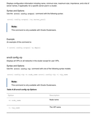 Displays configuration information including name, minimum size, maximum size, importance, and a list of
server names, if applicable, for a specific server pool in a cluster.
Syntax and Options
Use the  srvctl config srvpool  command with the following syntax:
srvctl config srvpool [­g server_pool]
Note:
This command is only available with Oracle Clusterware.
Example
An example of this command is:
$ srvctl config srvpool ­g dbpool
srvctl config vip
Displays all VIPs on all networks in the cluster except for user VIPs.
Syntax and Options
Use the  srvctl config vip  command with one of the following syntax models:
srvctl config vip ­n node_name srvctl config vip ­i vip_name
Note:
This command is only available with Oracle Clusterware.
Table A­28 srvctl config vip Options
Option Description
­n node_name Node name
­i vip_name The VIP name
 