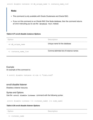 srvctl disable instance ­d db_unique_name ­i instance_name_list
Note:
This command is only available with Oracle Clusterware and Oracle RAC.
If you run this command on an Oracle RAC One Node database, then the command returns
an error instructing you to use the  database  noun, instead.
Table A­37 srvctl disable instance Options
Option Description
­d db_unique_name Unique name for the database
­i instance_name_list Comma­delimited list of instance names
Example
An example of this command is:
$ srvctl disable instance ­d crm ­i "crm1,crm3"
srvctl disable listener
Disables a listener resource.
Syntax and Options
Use the  srvctl disable listener  command with the following syntax:
srvctl disable listener [­l listener_name] [­n node_name]
Table A­38 srvctl disable listener Options
Option Description
­l listener_name
 