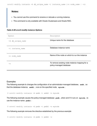 srvctl modify instance ­d db_unique_name ­i instance_name {­n node_name | ­z}
Notes:
You cannot use this command to rename or relocate a running instance.
This command is only available with Oracle Clusterware and Oracle RAC.
Table A­69 srvctl modify instance Options
Option Description
­d db_unique_name Unique name for the database
­i instance_name Database instance name
­n node_name Name of the node on which to run the instance
­z To remove existing node instance mapping for a
policy­managed database
Examples
The following example to changes the configuration of an administrator­managed database,  amdb , so
that the database instance,  amdb1 , runs on the specified node,  mynode :
$ srvctl modify instance ­d amdb ­i amdb1 ­n mynode
The following example causes the policy­managed database  pmdb , when and if it runs on  mynode , to
use the instance name  pmdb1 :
$ srvctl modify instance ­d pmdb ­i pmdb1 ­n mynode
The following example removes the directive established by the previous example:
$ srvctl modify instance ­d pmdb ­i pmdb1 ­z
 