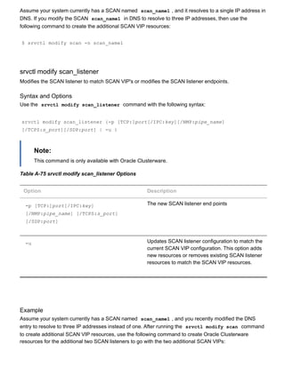 Assume your system currently has a SCAN named  scan_name1 , and it resolves to a single IP address in
DNS. If you modify the SCAN  scan_name1  in DNS to resolve to three IP addresses, then use the
following command to create the additional SCAN VIP resources:
$ srvctl modify scan ­n scan_name1
srvctl modify scan_listener
Modifies the SCAN listener to match SCAN VIP's or modifies the SCAN listener endpoints.
Syntax and Options
Use the  srvctl modify scan_listener  command with the following syntax:
srvctl modify scan_listener {­p [TCP:]port[/IPC:key][/NMP:pipe_name]
[/TCPS:s_port][/SDP:port] | ­u }
Note:
This command is only available with Oracle Clusterware.
Table A­75 srvctl modify scan_listener Options
Option Description
­p [TCP:]port[/IPC:key]
[/NMP:pipe_name] [/TCPS:s_port]
[/SDP:port]
The new SCAN listener end points
­u Updates SCAN listener configuration to match the
current SCAN VIP configuration. This option adds
new resources or removes existing SCAN listener
resources to match the SCAN VIP resources.
Example
Assume your system currently has a SCAN named  scan_name1 , and you recently modified the DNS
entry to resolve to three IP addresses instead of one. After running the  srvctl modify scan  command
to create additional SCAN VIP resources, use the following command to create Oracle Clusterware
resources for the additional two SCAN listeners to go with the two additional SCAN VIPs:
 