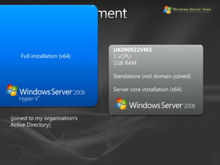 Demo environmentFull installation (x64)UK090922VM31 vCPU1GB RAMStandalone (not domain-joined)Server core installation (x64)UK090922LTFujitsu-Siemens S7210Intel Core 2 Duo T7500 (2.2GHz)4GB RAM(joined to my organisation’s Active Directory)