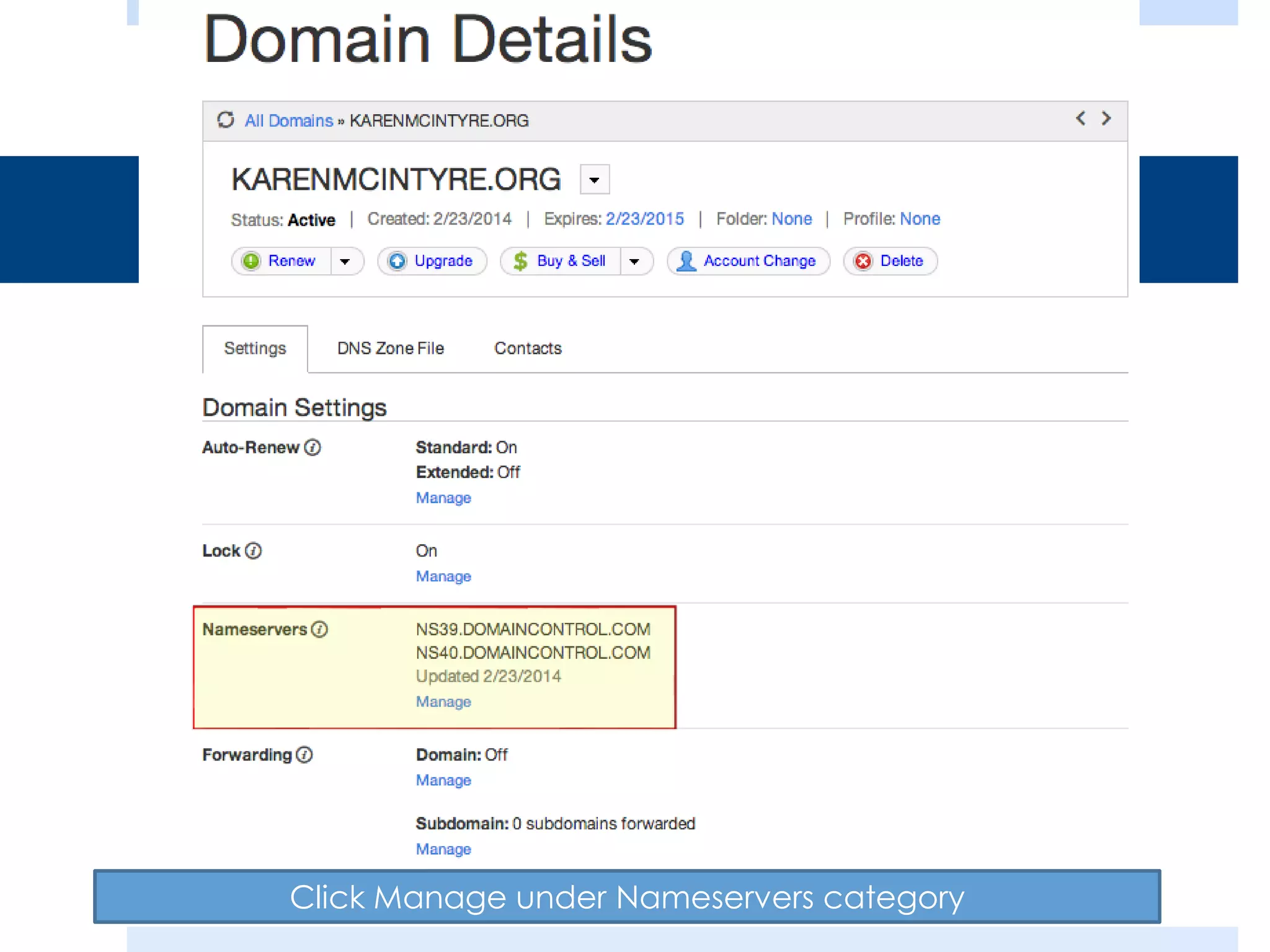 Click Manage under Nameservers category

 