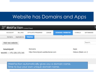 Website has Domains and Apps
WebFaction automatically gives you a domain name.
Time to buy your own unique domain name.
 