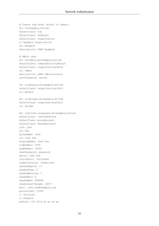 Network Authentication



# Create top-level object in domain
dn: dc=example,dc=com
objectClass: top
objectClass: dcObject
objectclass: organization
o: Example Organization
dc: Example
description: LDAP Example


# Admin user.
dn: cn=admin,dc=example,dc=com
objectClass: simpleSecurityObject
objectClass: organizationalRole
cn: admin
description: LDAP administrator
userPassword: secret

dn: ou=people,dc=example,dc=com
objectClass: organizationalUnit
ou: people

dn: ou=groups,dc=example,dc=com
objectClass: organizationalUnit
ou: groups


dn: uid=john,ou=people,dc=example,dc=com
objectClass: inetOrgPerson
objectClass: posixAccount
objectClass: shadowAccount
uid: john
sn: Doe
givenName: John
cn: John Doe
displayName: John Doe
uidNumber: 1000
gidNumber: 10000
userPassword: password
gecos: John Doe
loginShell: /bin/bash
homeDirectory: /home/john
shadowExpire: -1
shadowFlag: 0
shadowWarning: 7
shadowMin: 8
shadowMax: 999999
shadowLastChange: 10877
mail: john.doe@example.com
postalCode: 31000
l: Toulouse
o: Example
mobile: +33 (0)6 xx xx xx xx




                                           57
 