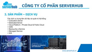 CÔNG TY CỔ PHẦN SERVERHUB
2. SẢN PHẨM – DỊCH VỤ
www.serverhub.vn
Các dịch vụ trung tâm dữ liệu và quản trị hệ thống:
+ Colocation Server
+ Dedicated Server
+ Cloud Platform - Private Cloud & Public Cloud
+ CDN
+ Backup As a Service
+ Managed Service
+ Wifi
 