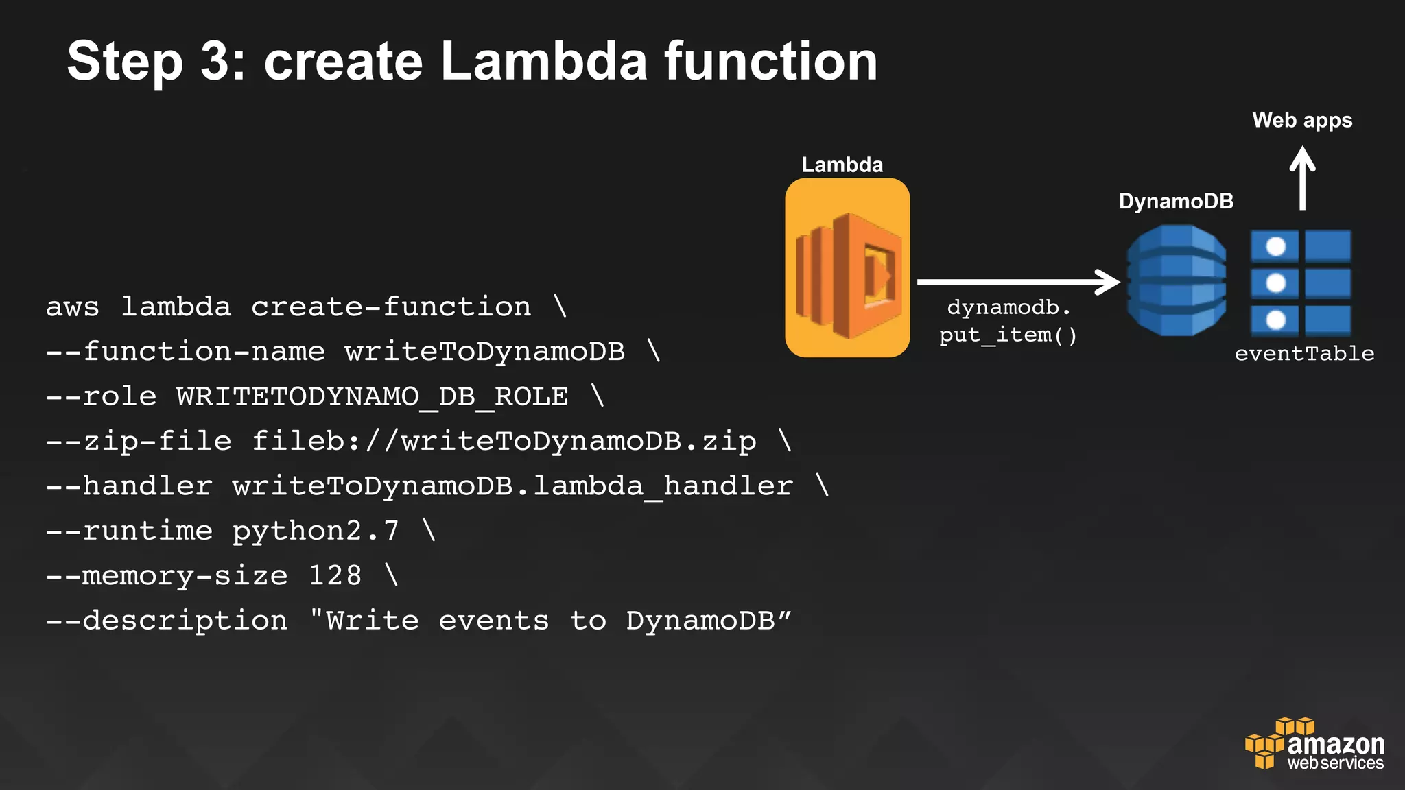 Step 3: create Lambda function
S3
DynamoDB
eventTable
Web apps
dynamodb.
put_item()
Lambda
aws lambda create-function 
--function-name writeToDynamoDB 
--role WRITETODYNAMO_DB_ROLE 
--zip-file fileb://writeToDynamoDB.zip 
--handler writeToDynamoDB.lambda_handler 
--runtime python2.7 
--memory-size 128 
--description "Write events to DynamoDB”
 