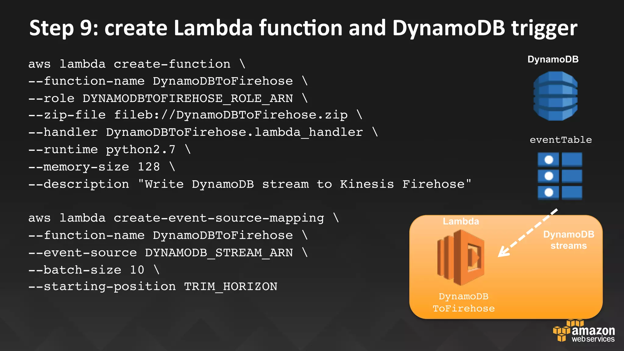 Step	9:	create	Lambda	funcEon	and	DynamoDB	trigger	
aws lambda create-function 
--function-name DynamoDBToFirehose 
--role DYNAMODBTOFIREHOSE_ROLE_ARN 
--zip-file fileb://DynamoDBToFirehose.zip 
--handler DynamoDBToFirehose.lambda_handler 
--runtime python2.7 
--memory-size 128 
--description "Write DynamoDB stream to Kinesis Firehose"
aws lambda create-event-source-mapping 
--function-name DynamoDBToFirehose 
--event-source DYNAMODB_STREAM_ARN 
--batch-size 10 
--starting-position TRIM_HORIZON
Lambda
DynamoDB
ToFirehose
eventTable
DynamoDB
streams
DynamoDB
 