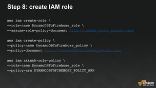 Step 8: create IAM role
aws iam create-role 
--role-name DynamoDBToFirehose_role 
--assume-role-policy-document file://lambda_trust_policy.json
aws iam create-policy 
--policy-name DynamoDBToFirehose_policy 
--policy-document file://DynamoDBToFirehose_policy.json
aws iam attach-role-policy 
--role-name DynamoDBToFirehose_role 
--policy-arn DYNAMODBTOFIREHOSE_POLICY_ARN
 