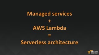 Managed	services	
+		
AWS	Lambda	
=		
Serverless	architecture	
		
 