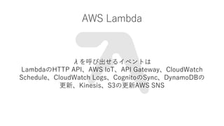 AWS Lambda
ˤӳ륤٥Ȥ
LambdaHTTP APIAWS IoTAPI GatewayCloudWatch
ScheduleCloudWatch LogsCognitoSyncDynamoDB
¡KinesisS3θAWS SNS
 