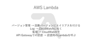 AWS Lambda
Щ`  Щ`˥ꥢ򸶤
Log  CloudWatch¤
Oҕ  CloudWatch
API GatewayǤJC  JC?Lambda
 
