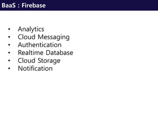 • Analytics
• Cloud Messaging
• Authentication
• Realtime Database
• Cloud Storage
• Notification
BaaS : Firebase
 