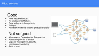 Micro services
Good
● More frequent rollouts
● No single point of failures
● Easy testing and deployments
● Polyglot
● New team members become productive quickly
Not so good
● Web servers, Dependencies, Frameworks
● Autoscaling not out of the box
● Capacity management, security
● Logging and monitoring
● Time to start
 