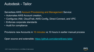 © 2017, Amazon Web Services, Inc. or its Affiliates. All rights reserved.
Autodesk - Tailor
Serverless AWS Account Provisioning and Management Service:
• Automates AWS Account creation,
• Configures IAM, CloudTrail, AWS Config, Direct Connect, and VPC
• Enforces corporate standards
• Audit for compliance
Provisions new Accounts in 10 minutes vs 10 hours in earlier manual process
Open source and extensible: https://github.com/alanwill/aws-tailor
 