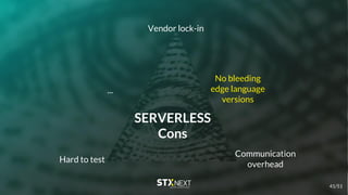 SERVERLESS
Cons
Vendor lock-in
Communication
overhead
Hard to test
No bleeding
edge language
versions
...
41/51
 