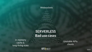 SERVERLESS
Bad use cases
Websockets
in-memory
cache &
long-living state
Unstable APIs
clients
50/51
 