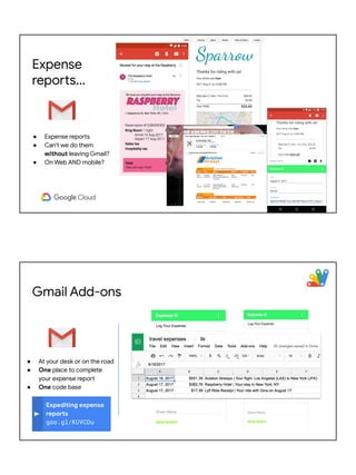 Expense
reports...
● Expense reports
● Can't we do them
without leaving Gmail?
● On Web AND mobile?
● At your desk or on t...